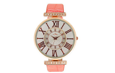 Movimenti rotondi dell'orologio del quarzo della cassa del metallo degli orologi della cinghia di cuoio di signora Pink