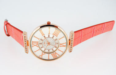 Movimenti rotondi dell'orologio del quarzo della cassa del metallo degli orologi della cinghia di cuoio di signora Pink